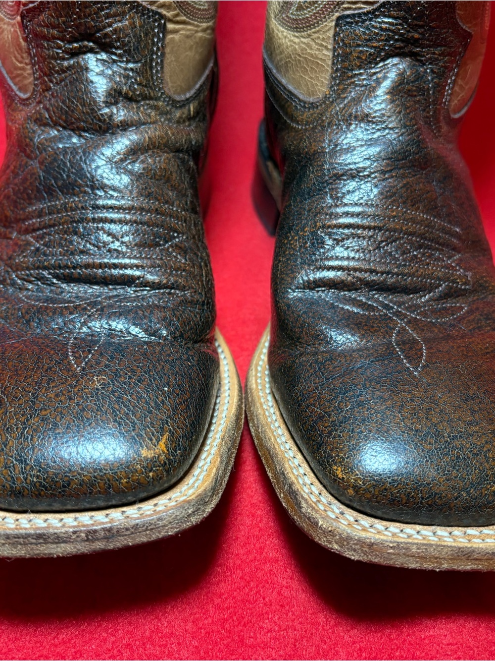 Old West Youth 6D Brown Leather Square Toe Cowboy Boots Blue Stitching - Picture 3 of 13